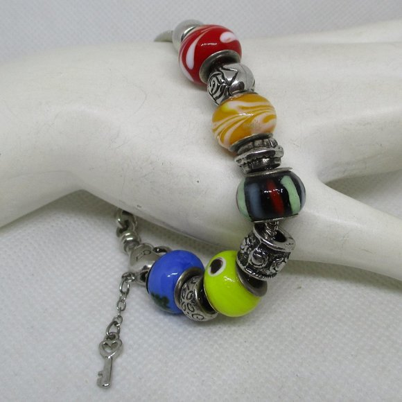 PANDORA STYLE LAMPWARK Glass Charm Beads Silver Tone Metal Heart And Key Charm - Picture 10 of 11